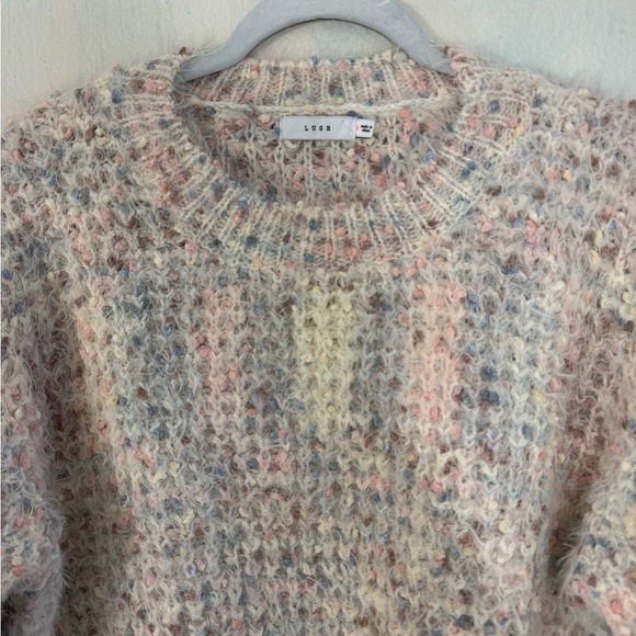 LUSH Pastel Knit Cozy Multicolor Sweater Pink Blue Cream Size Medium - Picture 2 of 9